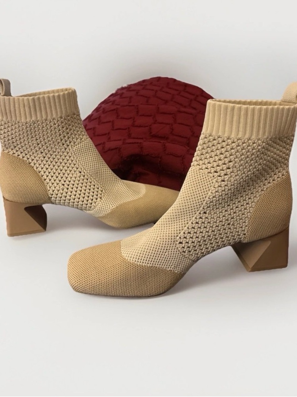Knit Sock Ankle Boots in Beige with Block Heel